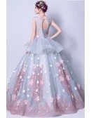 Grey Pink Ball Gown Quinceanera Prom Dress Long With Florals