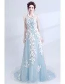 Sleeveless Blue Long Prom Dress With Lace Bodice