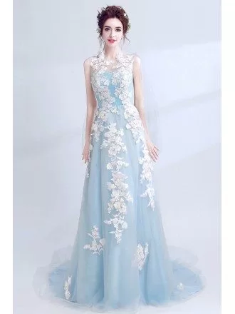 Sleeveless Blue Long Prom Dress With Lace Bodice