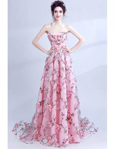 Fairy Pink Floral Printed Prom Dress Strapless Long For Teens