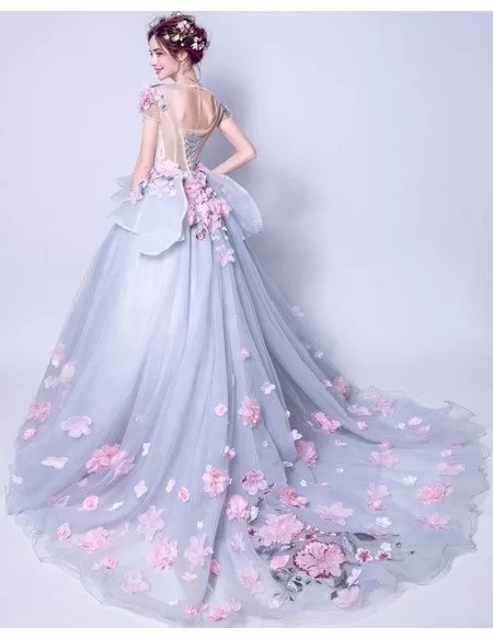Junior's Grey With Pink Floral Prom Dress With Big Ball Gown