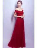 Off Shoulder Burgundy Long Tulle Evening Dress With Lace Beading