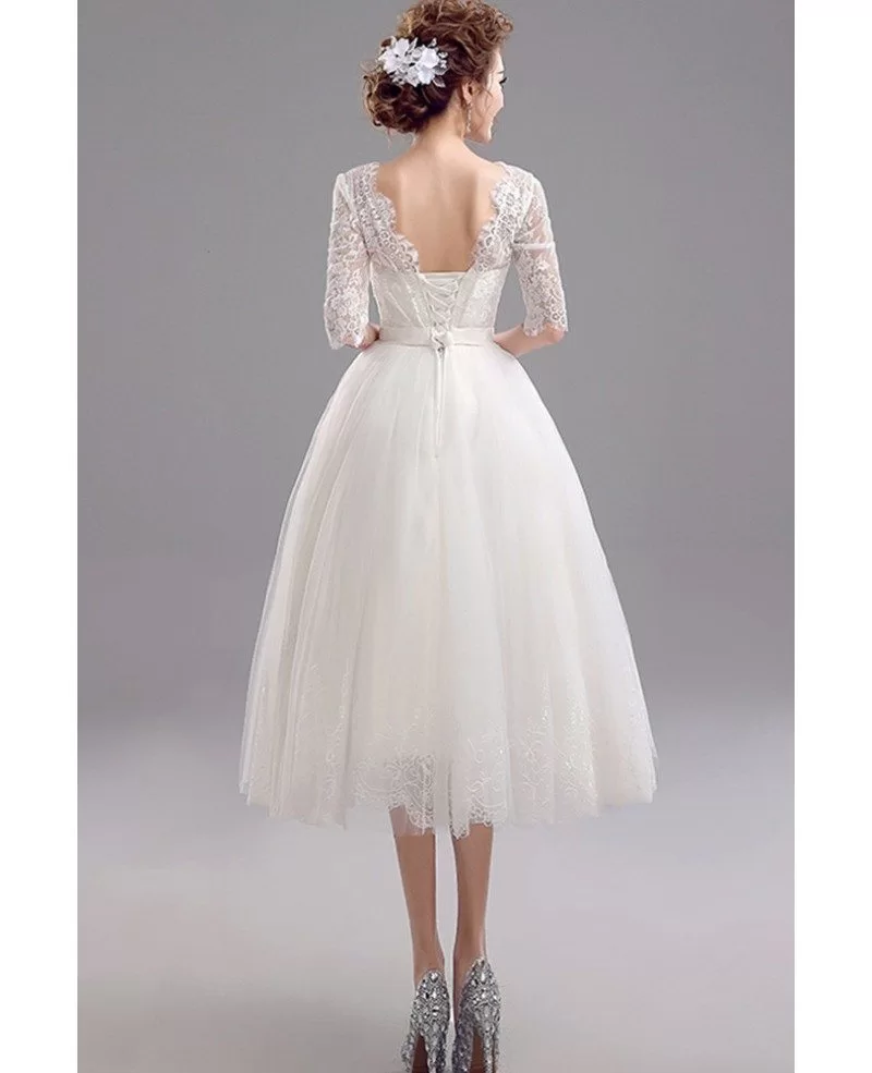 Backless Midi Ivory Bridal Party Dress With 1/2 Lace Sleeves #AGP18057 ...