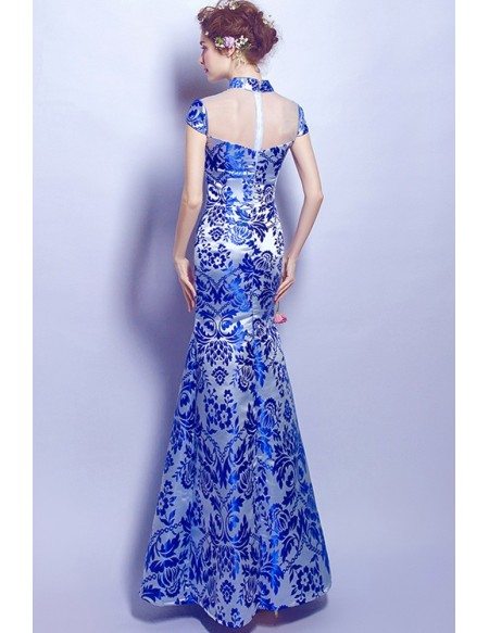 Vintage Blue Floral Print Formal Dress In Fitted Mermaid Style