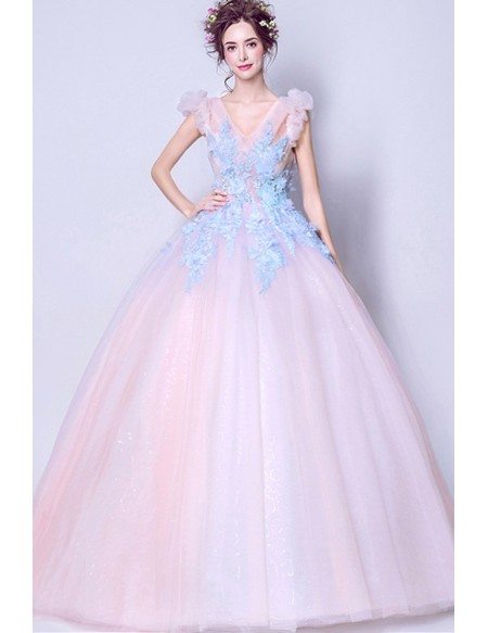 Pink Ballroom Quinceanera Prom Gown With Blue Lace For Teens