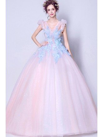 Pink Ballroom Quinceanera Prom Gown With Blue Lace For Teens