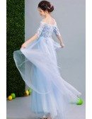 Fairy Blue Floral Prom Dress Beaded With Off Shoulder Sleeves