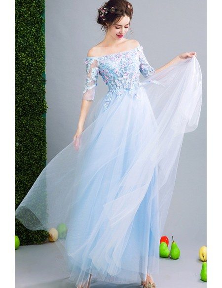 Fairy Blue Floral Prom Dress Beaded With Off Shoulder Sleeves