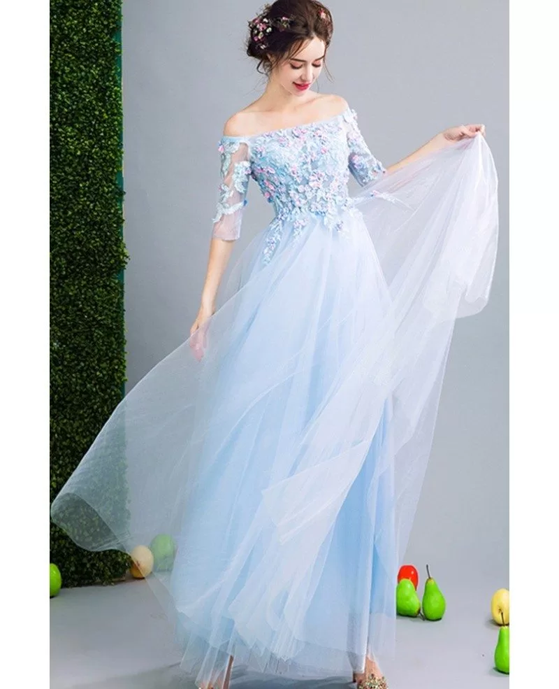 Fairy Blue Floral Prom Dress Beaded With Off Shoulder Sleeves #AGP18077 ...