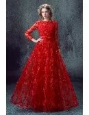 Vintage All Lace Red Prom Dress Long With Floral Beading