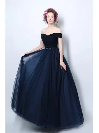 Simple Pleated Dark Navy Blue Formal Dress With Off Shoulder Straps