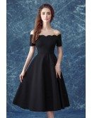 Midi Simple Black Formal Dress With Off The Shoulder Sleeves