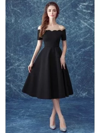 Midi Simple Black Formal Dress With Off The Shoulder Sleeves
