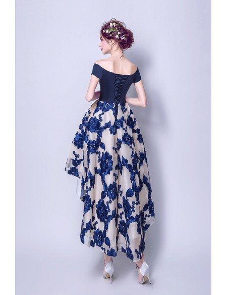 Stylish High Low Prom Dress Off The Shoulder With Floral Skirt