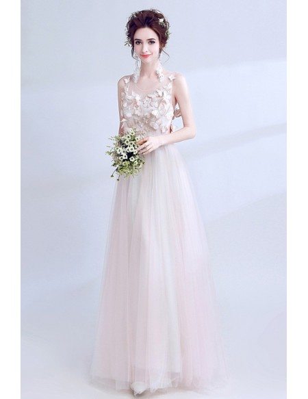Sleeveless Blush Pink Long Prom Dress With Butterfly Bodice