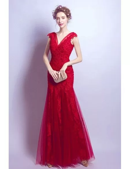 Fit And Flare V-neck Prom Dress Long In Red Lace With Crystals