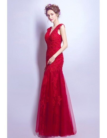 Fit And Flare V-neck Prom Dress Long In Red Lace With Crystals