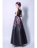 Black Long Scoop Neck Formal Dress With Printed Color Florals