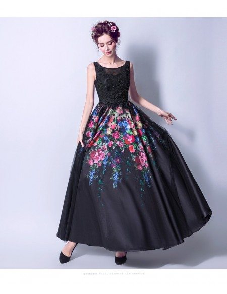 Black Long Scoop Neck Formal Dress With Printed Color Florals