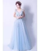 Elegant V-neck Light Blue Prom Dress Long With Floral Beading
