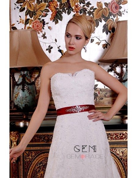 A-Line Sweetheart Chapel Train Lace Wedding Dress With Beading Bow