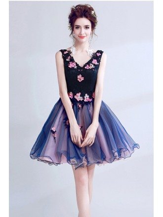 V-neck Short Dark Navy Blue Homecoming Dress With Pink Beaded Florals
