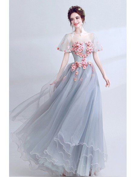 Grey With Pink Floral Long Homecoming Dress With Short Puffy Sleeves