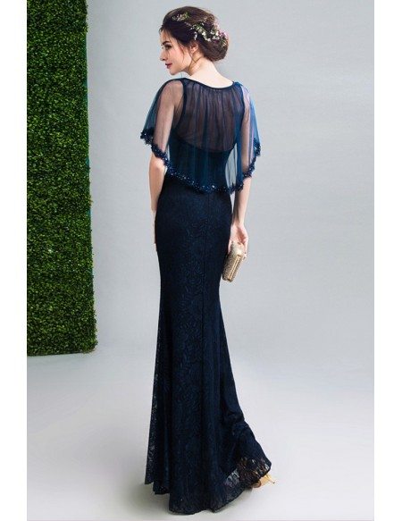 Dark Navy Blue Lace Fitted Formal Dress With Puffy Sleeves 2018