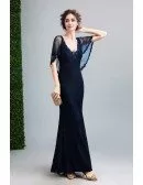 Dark Navy Blue Lace Fitted Formal Dress With Puffy Sleeves 2018