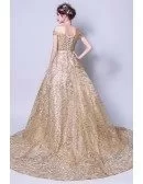 Sparkly Sequined Gold Ball Gown Prom Dress With Off Shoulder Straps
