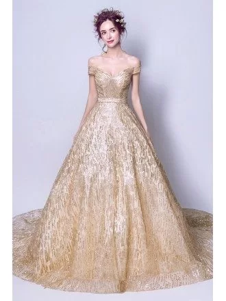 Sparkly Sequined Gold Ball Gown Prom Dress With Off Shoulder Straps