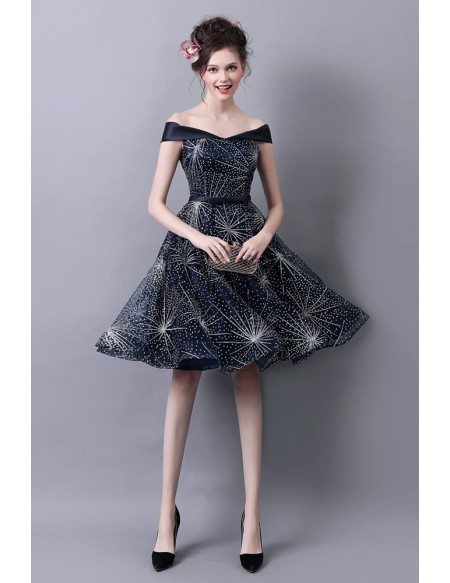 Shining Off The Shoulder Knee Length Homecoming Dress In Dark Navy Blue