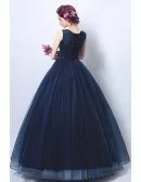 Dark Navy Blue Ballroom Formal Gown Dress With Applique Florals