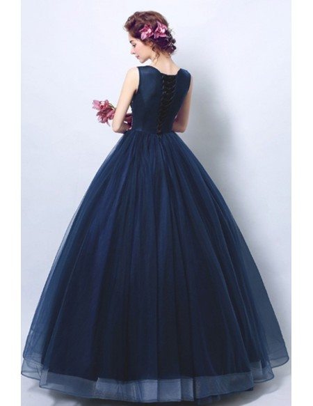 Dark Navy Blue Ballroom Formal Gown Dress With Applique Florals