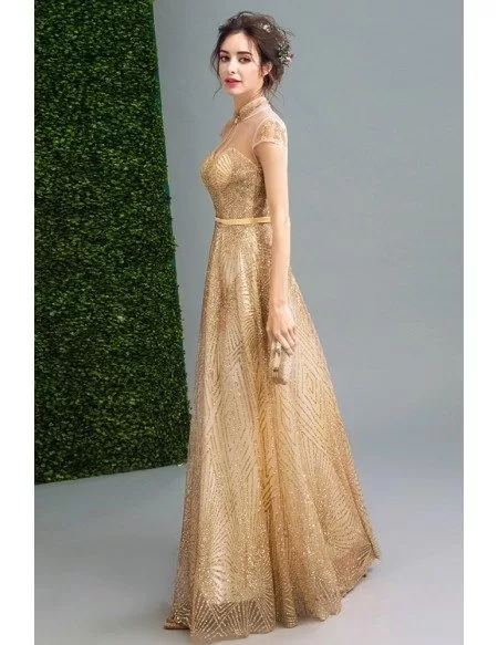 Bling-bling Modest Gold Prom Formal Dress Long For Women