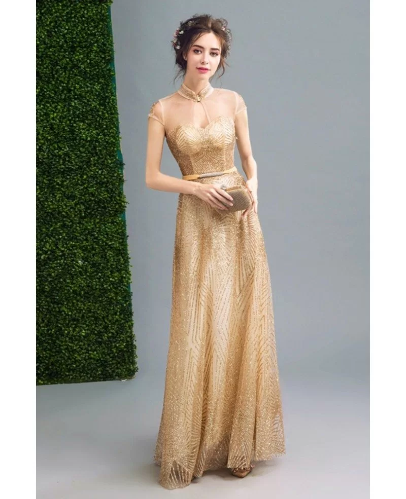 Modest Gold Prom Formal Dress ...