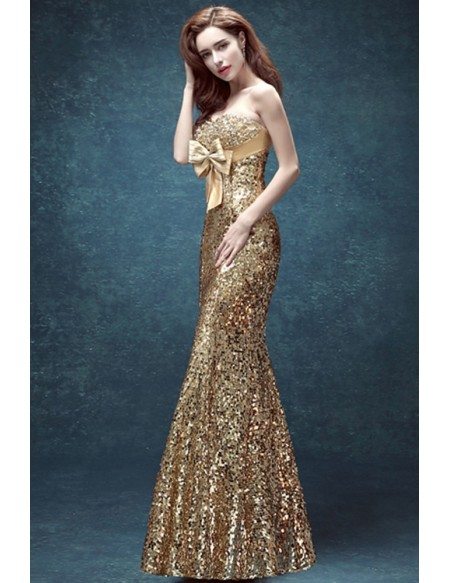 Sparkly Gold Tight Prom Fress Strapless Long With Sequnis
