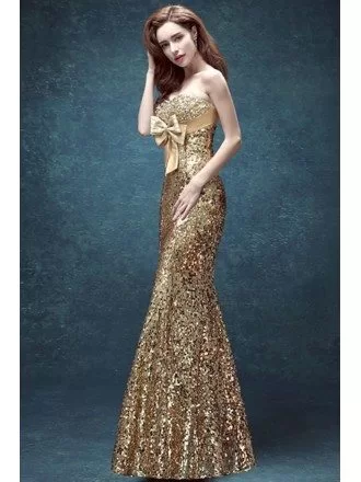 Sparkly Gold Tight Prom Fress Strapless Long With Sequnis