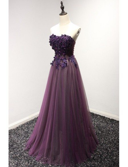 Purple A-line Sweetheart Floor-length Tulle Prom Dress With Beading