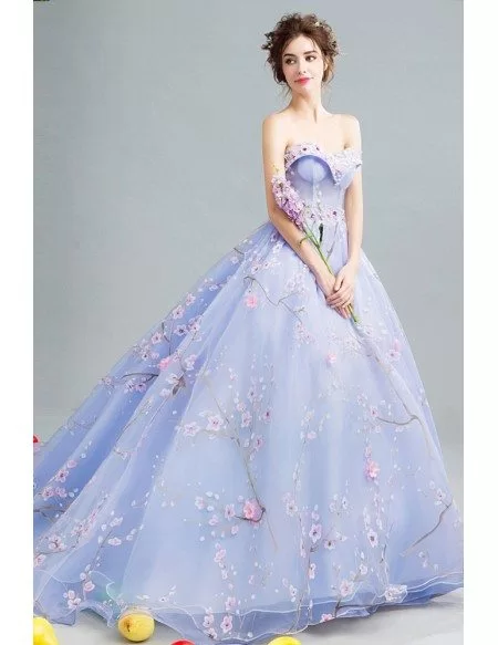 Gorgeous Light Blue Formal Bridal Dress With Florals Train