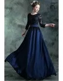 Navy Blue Long Formal Evening Dress With 3/4 Lace Beaded Sleeves