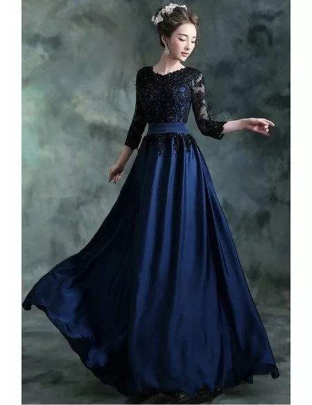 navy blue formal gown with sleeves