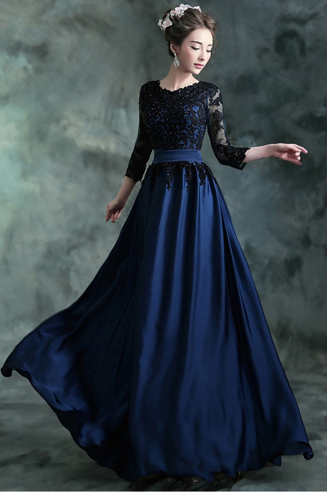 Navy Blue Long Formal Evening Dress With 3/4 Lace Beaded Sleeves # ...