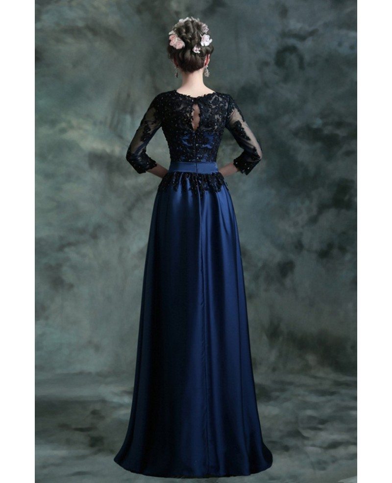 Navy Blue Long Formal Evening Dress With 3/4 Lace Beaded Sleeves #