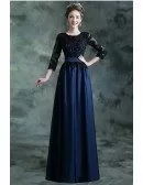 Navy Blue Long Formal Evening Dress With 3/4 Lace Beaded Sleeves