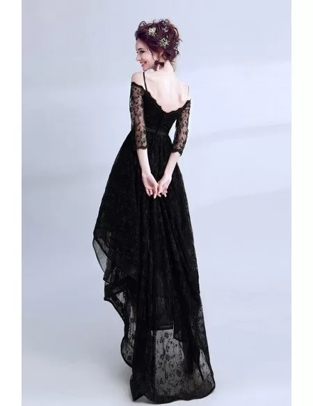 High Low Black Lace Prom Dress Sleeved With Spaghetti Straps