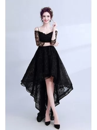 High Low Black Lace Prom Dress Sleeved With Spaghetti Straps