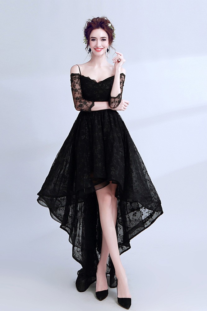High Low Black Lace Prom Dress Sleeved With Spaghetti Straps #AGP18190 - GemGrace.com High Low Black Lace Prom Dress Sleeved With Spaghetti Straps #AGP18190 - GemGrace.com