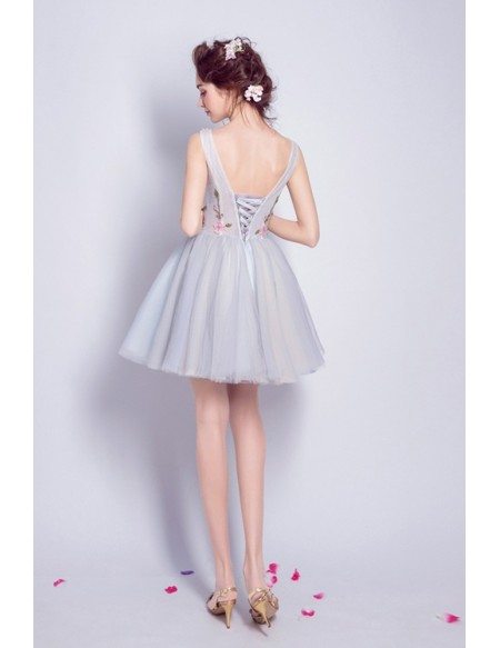 V-neck Floral Beading Cocktail Homecoming Dress Grey For Juniors