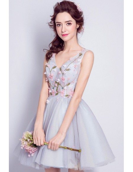 V-neck Floral Beading Cocktail Homecoming Dress Grey For Juniors